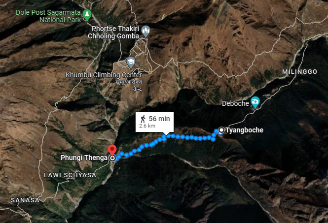 Google Map showing the distance between Tengboche and Phungi Thenga.1657300560.png